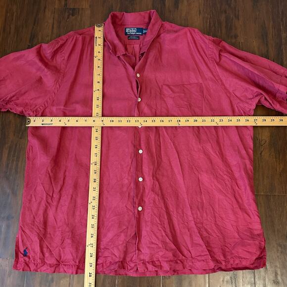 VTG POLO RALPH LAUREN Caldwell Shirt Red Silk Blend Loop Collar Camp - Picture 7 of 7